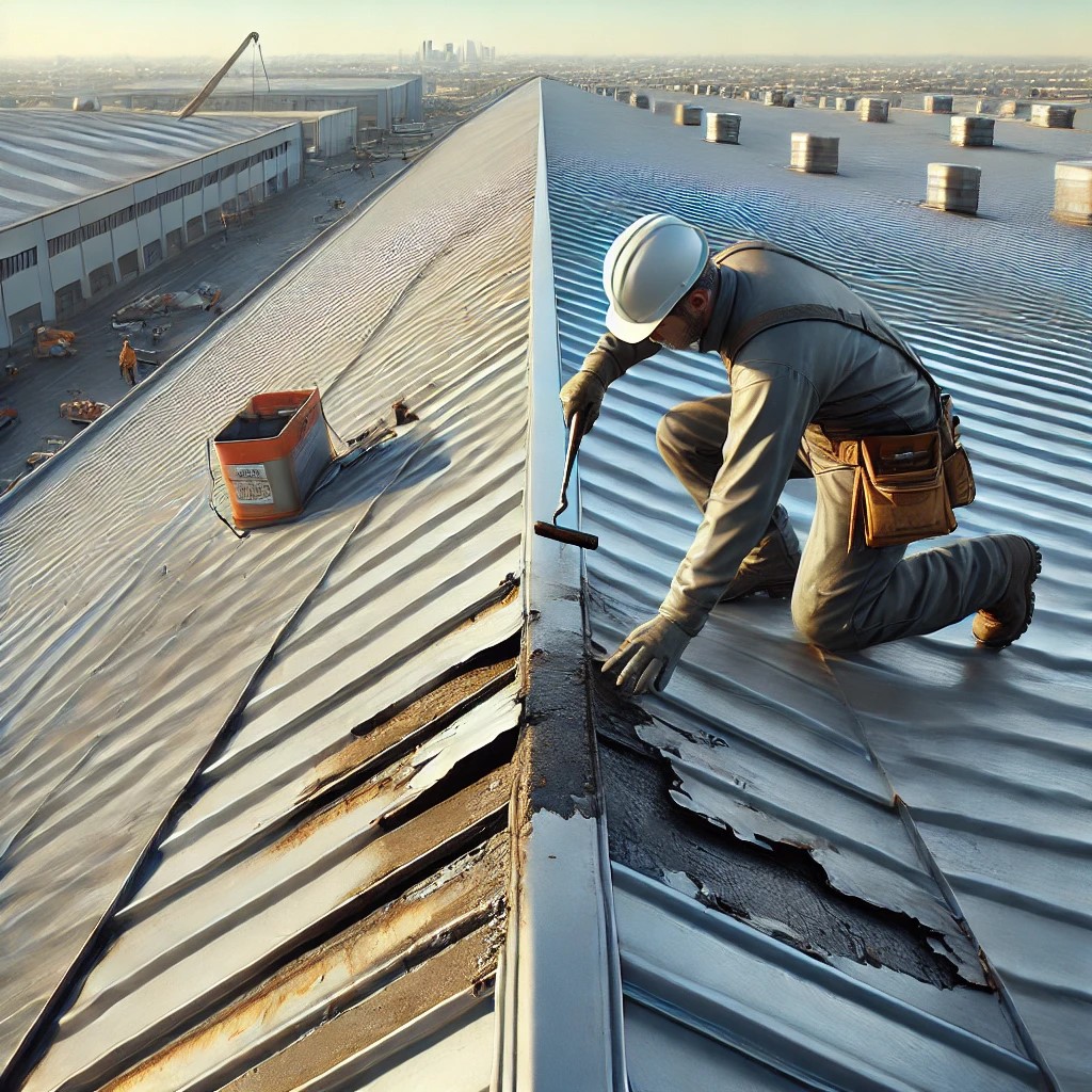 Commercial metal roof undergoing repair | Nansemond River Roofing & Siding