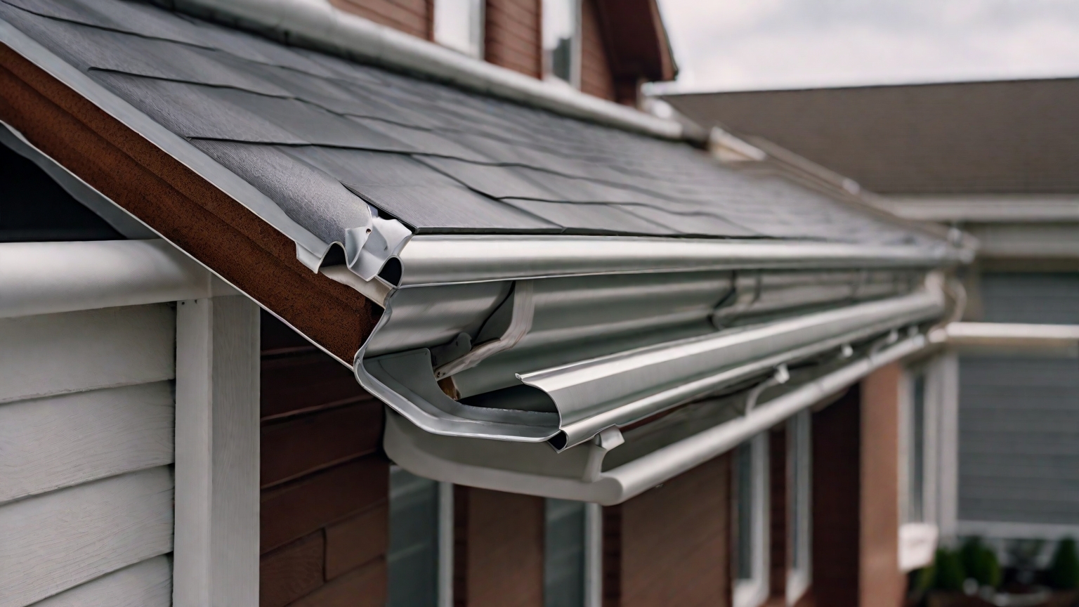 Sectional gutters fitted along a roof edge | Nansemond River Roofing & Siding
